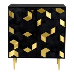 Aurelle Home Sago Modern Black Mango Wood Cabinet With Gold Foil Accents - Black