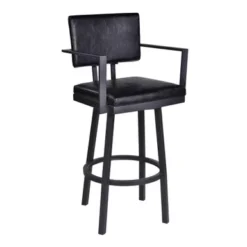 Balboa 26" Counter Height Swivel Vintage Black Faux Leather And Metal Bar Stool With Arms
