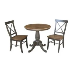30" Round Top Pedestal Table With 2 X-Back Chairs - 3 Piece Set - Hickory/Washed Coal