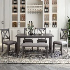 Merax 6-Piece Dining Set With Foldable Table, Bench - Grey