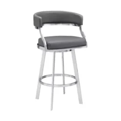Saturn 30" Bar Height Swivel Grey Faux Leather And Brushed Stainless Steel Bar Stool