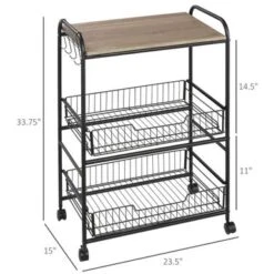HOMCOM 24" 3-Tier Rolling Kitchen Cart, Utility Storage Trolley With 2 Basket Drawers, Side Hooks For Dining Room - Oak 32 HOMCOM 24" 3-Tier Rolling Kitchen Cart, Utility Storage Trolley With 2 Basket Drawers, Side Hooks For Dining Room - Oak -Gourmet Interiors 8edfbf0f 27c9 43cf 8510 644a9ede8cae