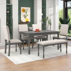 Nestfair 6-Piece Wood Dining Table Set With 4 Upholstered Chairs And Bench - Grey