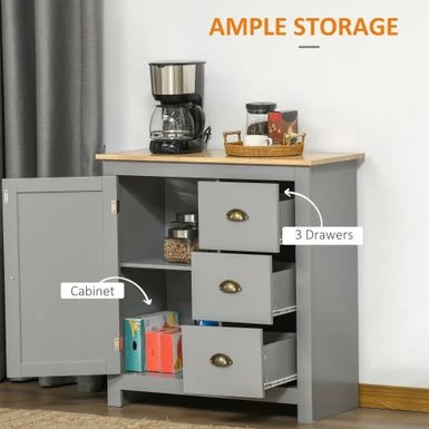 HOMCOM Modern Floor Cabinet, Storage Sideboard, Kitchen Buffet Table W/ Rubberwood Top, 3 Drawers And Cabinet - Grey 22 HOMCOM Modern Floor Cabinet, Storage Sideboard, Kitchen Buffet Table W/ Rubberwood Top, 3 Drawers And Cabinet - Grey - Image 20
