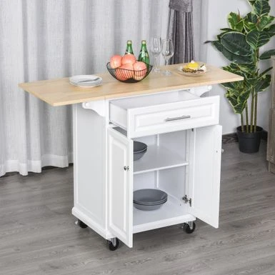 HOMCOM Kitchen Island Cart On Wheels With Extended Counter Drawer Cabinet Towel Racks Versatile Use Natural Wood Top And White - Portable - White - Wood 5 HOMCOM Kitchen Island Cart On Wheels With Extended Counter Drawer Cabinet Towel Racks Versatile Use Natural Wood Top And White - Portable - White - Wood - Image 3