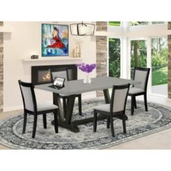 East West Furniture Mid Century Dining Set - Wooden Table With Trestle Base And Upholstered Dining Chairs (Piece Option) - V697MZ606-5