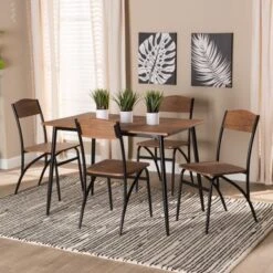 Baxton Studio Neona Modern Industrial Walnut Brown Finished Wood And Black Metal 5-Piece Dining Set - 5-Piece - Walnut Brown, Black -Gourmet Interiors 920d2e7a 2c8c 4c6f 9870 5c164482fb87