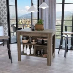 FM Furniture Brooklyn Kitchen Island, Three Concealed Shelves - Dark Brown