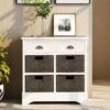 Rustic Storage Cabinet With Two Drawers And Four Classic Rattan Basket - White