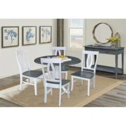 42 In. Drop Leaf Dining Table With 4 Splat Back Chairs - 5 Piece Set - 42 In. W X 42 In. D X 29.5 In. H - White/Heather Gray