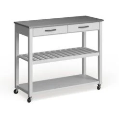 White Wood/ Stainless Steel Kitchen Cart Island - Kitchen Cart - Wood - White