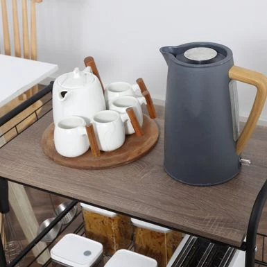 HOMCOM 24" 3-Tier Rolling Kitchen Cart, Utility Storage Trolley With 2 Basket Drawers, Side Hooks For Dining Room - Oak 17 HOMCOM 24" 3-Tier Rolling Kitchen Cart, Utility Storage Trolley With 2 Basket Drawers, Side Hooks For Dining Room - Oak - Image 16