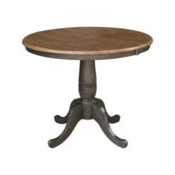 36" Round Top Pedestal Table With 12" Leaf - 29.3"H - Dining Height In Hickory And Washed Coal - Brown