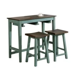 3 Piece Bar Table Set With Two Stools - Antique Teal, Gray