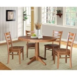36" Round Solid Wood Extension Dining Table With 4 Dining Chairs - N/A - Distressed Oak