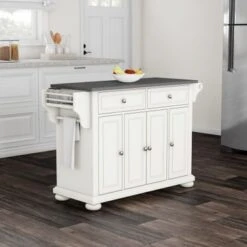 Alexandria Stainless Steel Top Full Size Kitchen Island/Cart - N/A - Stationary - White - Stainless Steel