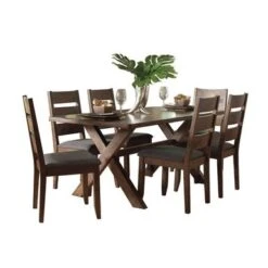 7 Piece Rectangular Dining Set In Knotty Nutmeg And Grey - 7-Piece Sets