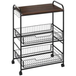 HOMCOM 24" 3-Tier Rolling Kitchen Cart, Utility Storage Trolley With 2 Basket Drawers, Side Hooks For Dining Room - Oak 39 HOMCOM 24" 3-Tier Rolling Kitchen Cart, Utility Storage Trolley With 2 Basket Drawers, Side Hooks For Dining Room - Oak -Gourmet Interiors af2e65cc 9641 4ca0 854b f85c221143d4