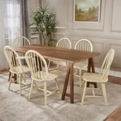 Ansley Farmhouse Cottage 7-piece Wood Dining Set By Christopher Knight Home - Brown + White + Natural Walnut -Gourmet Interiors af3860a9 b87a 4524 8a0c 00d4e357a301