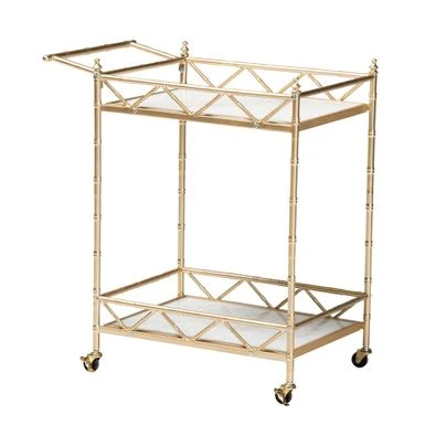 Baxton Studio Mela Contemporary Glam And Luxe Gold Metal And White Marble 2-Tier Wine Cart - Gold, White Marble 3 Baxton Studio Mela Contemporary Glam And Luxe Gold Metal And White Marble 2-Tier Wine Cart - Gold, White Marble