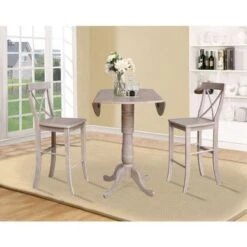 42 In. Round Dual Drop Leaf Bar Height Dining Table With 2 X-back Stools - 3 Piece Set - Washed Gray Taupe -Gourmet Interiors b06814e4 5105 44cc a7f4 80c308d52dab