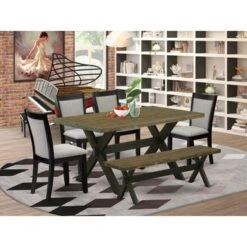 Dining Set - A Dinning Table With Trestle Base And Shitake Fabric Kitchen Chairs - Distressed Jacobean Finish (Pieces Option) - X676MZ606-5 -Gourmet Interiors b0820baa e938 474e 8df7 83045b5c8acd