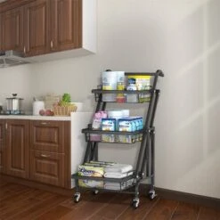3-Tier Folding Rolling Cart Kitchen/Bedroom/Living Room/Bathroom - 17.32*11.81*37.20 - Black - Kitchen Cart