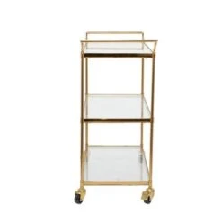 Brass Metal Rolling 3 Glass Shelves Bar Cart With Lockable Wheels - 14 X 37.5 X 31 - Iron - Brass -Gourmet Interiors b4a91531 a14d 4a90 b887 7aa28f89da98
