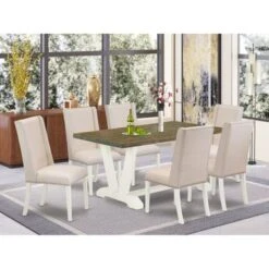 Dining Room Table Set - Rectangular Dining Table & Kitchen Chairs - Linen White Finish (No. Of Chairs & Bench Options) - V076FL201-7