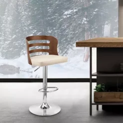 Khalia Adjustable Swivel Cream Faux Leather And Walnut Wood Bar Stool With Chrome Base -Gourmet Interiors b52e79d2 a31a 4eb5 a084 c9df30d20d0e