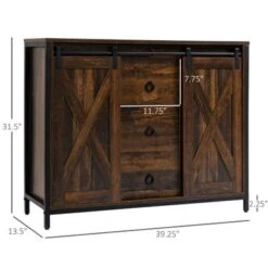 HOMCOM Industrial Farmhouse Buffet Cabinet, Kitchen Sideboard With Sliding Barn Doors, Three Drawers And Adjustable Shelves - Brown -Gourmet Interiors b76884f1 de25 473d b119 8215689b8a56