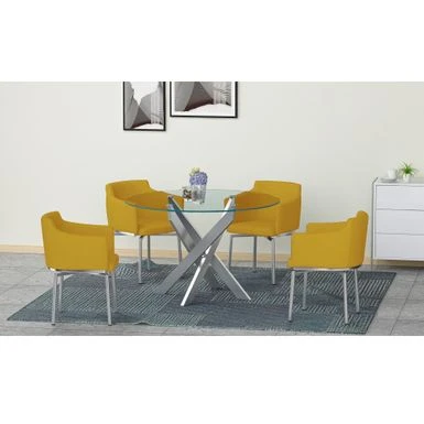 Somette Davis Round Glass Dining Set With Mustard Swivel Club Chairs - Mustard 3 Somette Davis Round Glass Dining Set With Mustard Swivel Club Chairs - Mustard