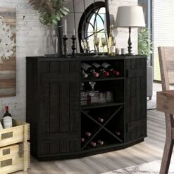 DH BASIC Farmhouse Plank-Style 28-Bottle 47-Inch Wine Cabinet Buffet By Denhour - Reclaimed Black Oak