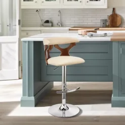 Ruth Adjustable Swivel Cream Faux Leather And Walnut Wood Bar Stool With Chrome Base -Gourmet Interiors b9182b17 28bc 43cf 86a1 405de99678ce