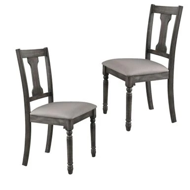 Wooden Side Chairs With Linen Padded Seat And Splat Back Design, Gray And Beige, Set Of Two - Grey - Set Of 2 3 Wooden Side Chairs With Linen Padded Seat And Splat Back Design, Gray And Beige, Set Of Two - Grey - Set Of 2