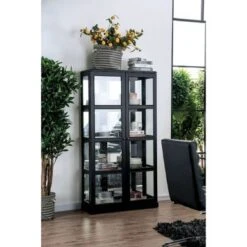 Wooden Curio Cabinet With Two Glass Doors And Four Shelves, Black - Black