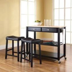 Crosley Furniture Black Natural Wood Top Kitchen Cart And Island With Black 24-inch Upholstered Saddle Stools - Black 10 Crosley Furniture Black Natural Wood Top Kitchen Cart And Island With Black 24-inch Upholstered Saddle Stools - Black -Gourmet Interiors c2c6105f fbb1 48e3 9cec 94d6f69f29ee