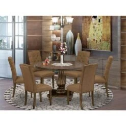 Dining Table Set Includes A Modern Kitchen Table And Brown Linen Fabric Dining Chairs - Distressed Jacobean (Pieces Option) - I2EL5-718 -Gourmet Interiors c7299b1e 850c 4699 a380 9eb2546410e3