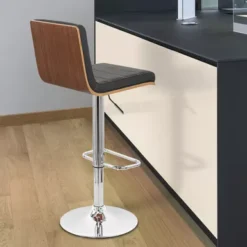Aubrey Adjustable Height Swivel Black Faux Leather And Chrome Bar Stool With Walnut Wood -Gourmet Interiors c7a6d9d9 e749 40e4 8155 ee7a09755719