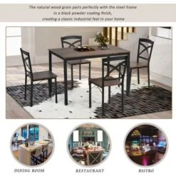 5-Piece Industrial Wooden Dining Set With Metal Frame And 4 Ergonomic Chairs, Brown - Brown -Gourmet Interiors c7f36b01 fa39 48d6 969c 1f09cdc3086d
