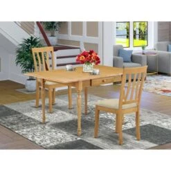 Dining Set - Dinette Table And Wooden Kitchen Chairs With Faux Leather Seat (Number Of Chairs Option) - MZAN3-OAK-LC