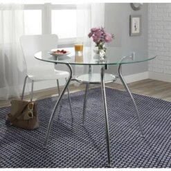Simple Living Tempered Glass Chrome Round Dining Table - Mable Dining Table