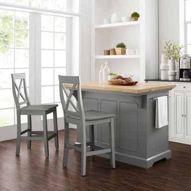 Julia Wood Top Island W/X-Back Stools - 50 "W X60 "D X41 "H - With Seating - Gray - Wood 4 Julia Wood Top Island W/X-Back Stools - 50 "W X60 "D X41 "H - With Seating - Gray - Wood - Image 2