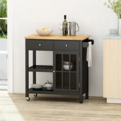 Byway Contemporary Kitchen Cart With Wheels By Christopher Knight Home - Gray + Natural -Gourmet Interiors cfb902f4 b861 4147 923a 85e5c1ec9b6c