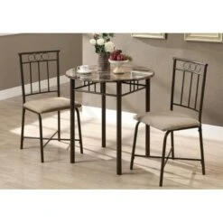 Dining Table Set/ 3pcs Set/ Small/ 30" Round/ Kitchen/ Metal/ Laminate/ Brown Marble Look/ Transitional