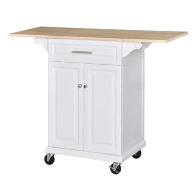 HOMCOM Kitchen Island Cart On Wheels With Extended Counter Drawer Cabinet Towel Racks Versatile Use Natural Wood Top And White - Portable - White - Wood 4 HOMCOM Kitchen Island Cart On Wheels With Extended Counter Drawer Cabinet Towel Racks Versatile Use Natural Wood Top And White - Portable - White - Wood - Image 2