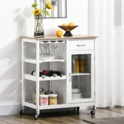 HOMCOM Utility Kitchen Cart, Rolling Kitchen Island Storage Trolley - White