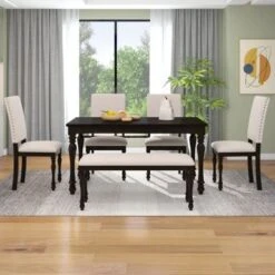 Nestfair 6-Piece Wood Dining Table Set With 4 Upholstered Chairs And Bench - Grey -Gourmet Interiors d319c2f1 5174 4a2b b4c9 90feedcba519