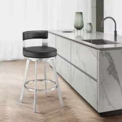 Lynof Swivel Counter Stool In Brushed Stainless Steel With Black Faux Leather