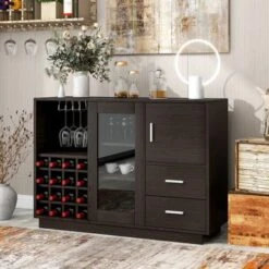 47 In.Kitchen Functional Sideboard With Glass Sliding Door And Integrated 16 Bar Wine Compartment - Espresso